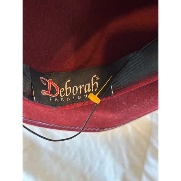 Deborab Fedora Hat Wide Brim Feathers Wool Burgundy
